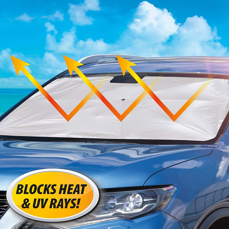 Foldable My Store 5 car windshield sun shade with UV and heat protection, designed to fit front windows and reduce interior heat.