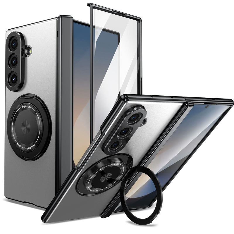 Samsung Galaxy Flip & Fold magnetic ring kickstand case with tempered glass, black protective cover, and built-in ring stand.