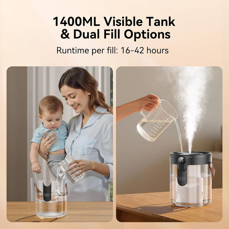 Dual fill options, showing a woman with a baby and a person filling a device.