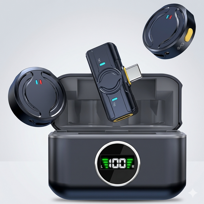 Wireless Microphone with Charging Cabin for iPhone and Android.
Dual wireless microphone with digital charging display.
Portable wireless mic for content creators UAE.
Clip-on wireless microphone for TikTok and YouTube.
Rechargeable wireless microphone with noise reduction.