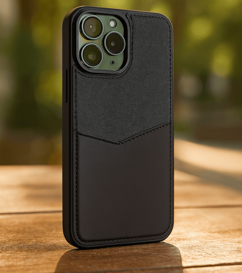 Black Dual-Tone Fabric & PU Leather Case for iPhone 14 Pro Max | 13,15 & 16 Pro Max on a wooden surface with a blurred natural background