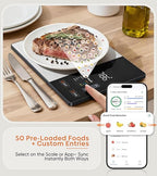 Finger tapping the interactive display of a smart digital kitchen scale weighing a steak