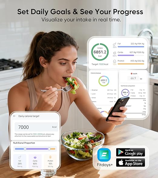 Woman tracking daily calorie intake and nutritional macro proportions on a smartphone app