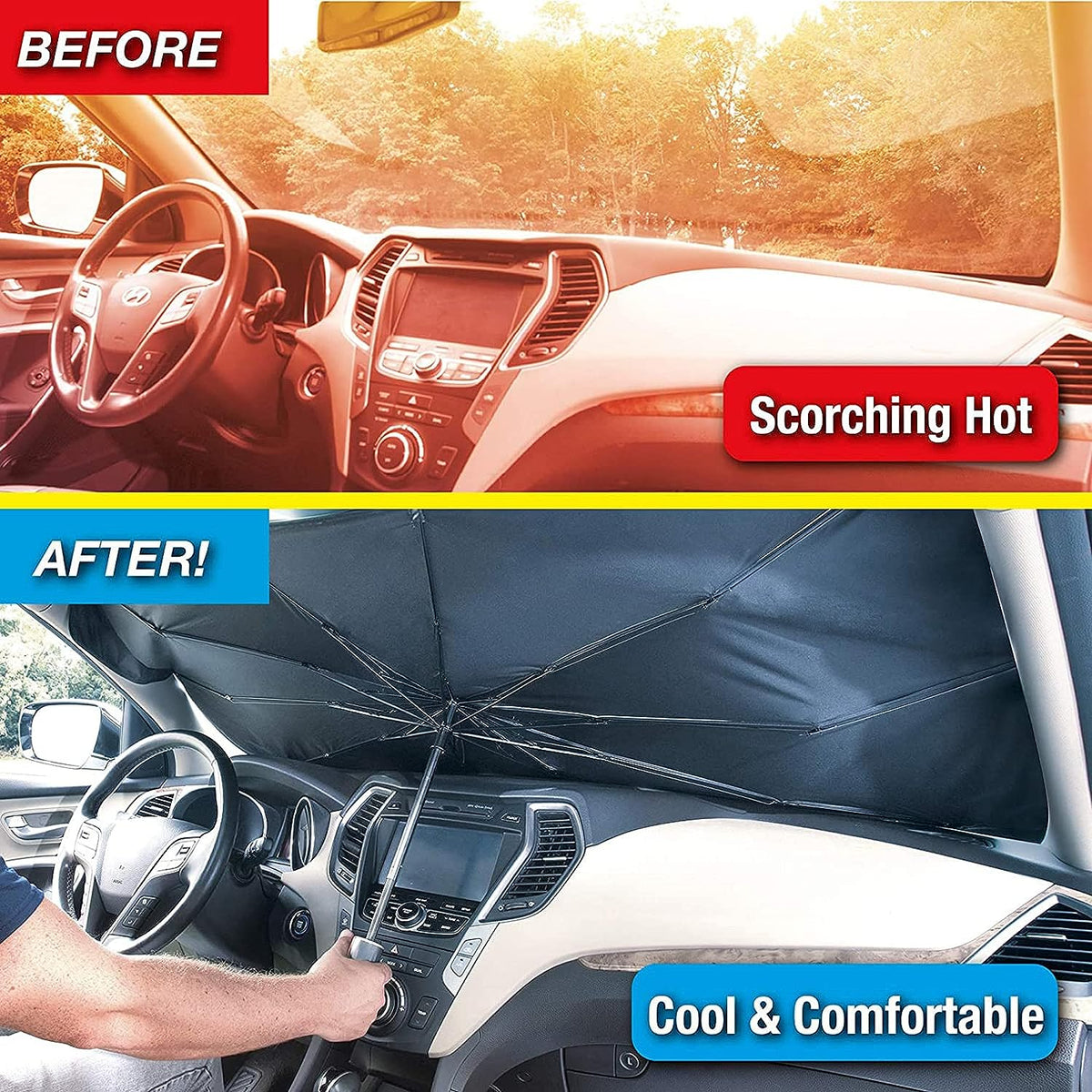 Foldable My Store 5 car windshield sun shade providing UV and heat protection for front window in a vehicle.
