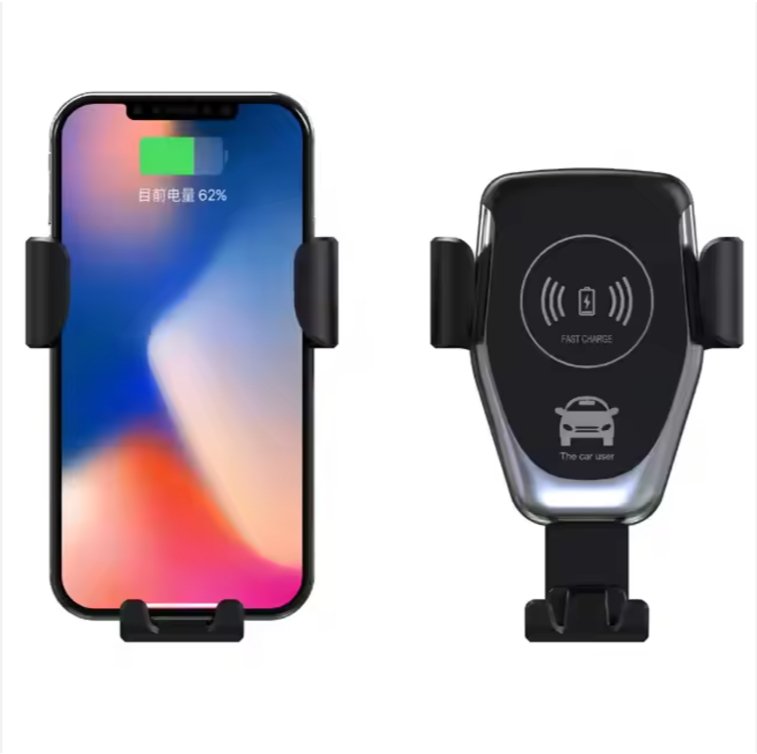 Wireless car charger with auto clamp, 15W fast Qi charging, compatible with iPhone and Android smartphones in a car holder.