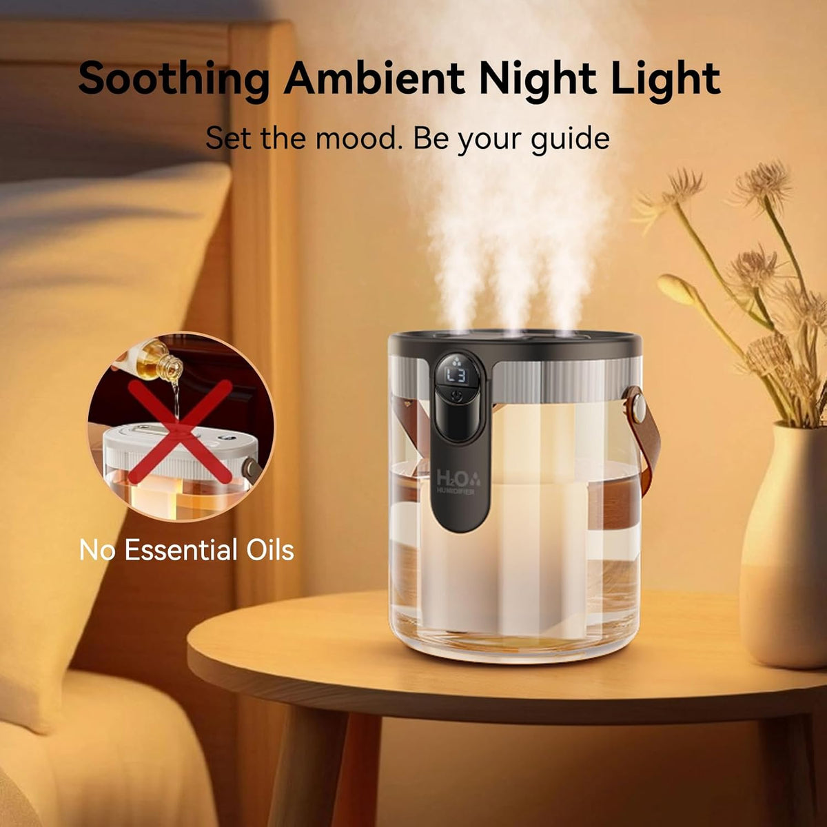 Soothing ambient night light on a table with a cozy background