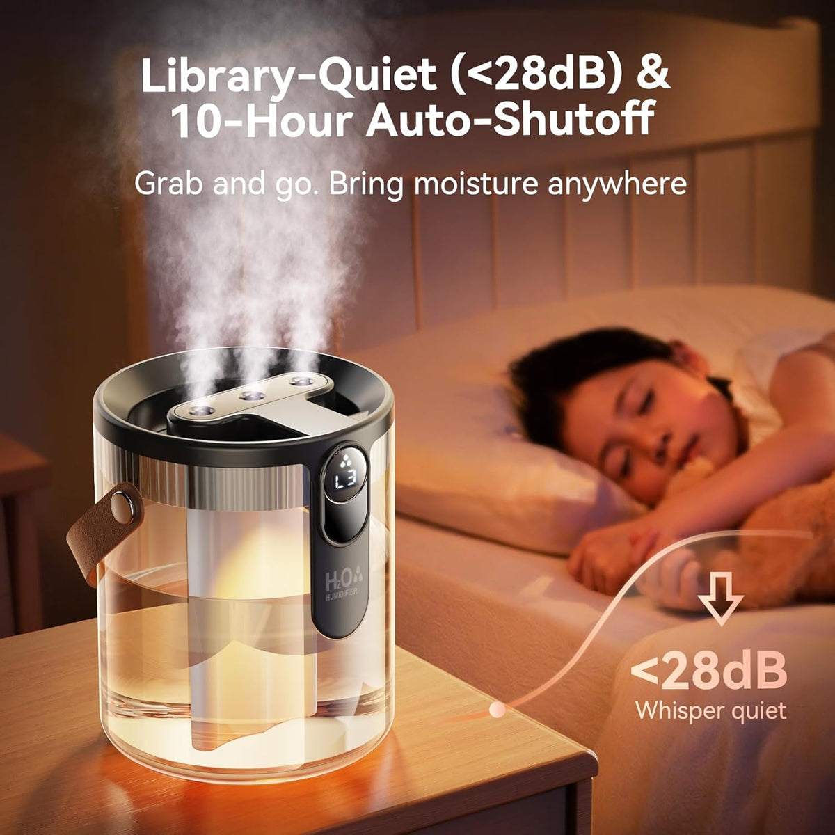 Humidifier on a nightstand with a Child sleeping in the background, emphasizing quiet operation and auto-shutoff feature.
Compact bedroom humidifier with a warm atmosphere lamp glowing on a Table.