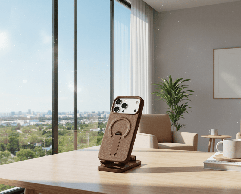 Coffee brown luxury leather MagSafe case with ring kickstand for iPhone, showcasing a sleek design and secure attachment.