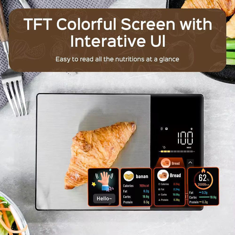 Smart kitchen scale with interactive TFT color screen displaying macro breakdown for a croissant