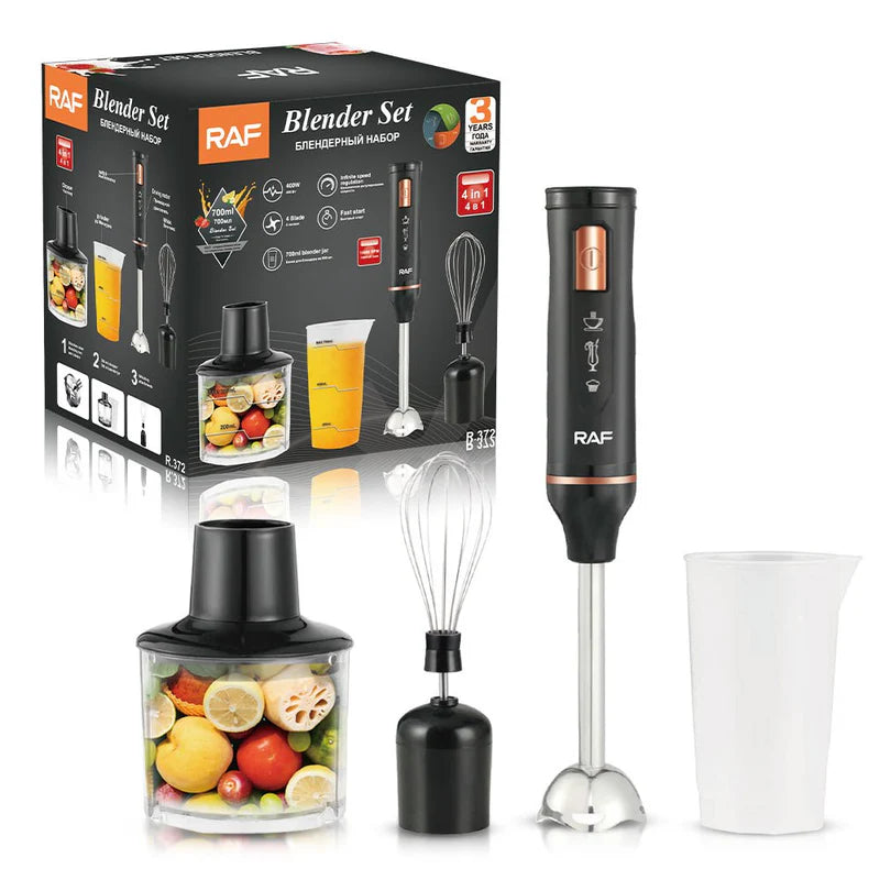 My Store 5 RAF 4-in-1 hand blender set with 1200W, includes blender, chopper, whisk, and ice crushing attachments.
