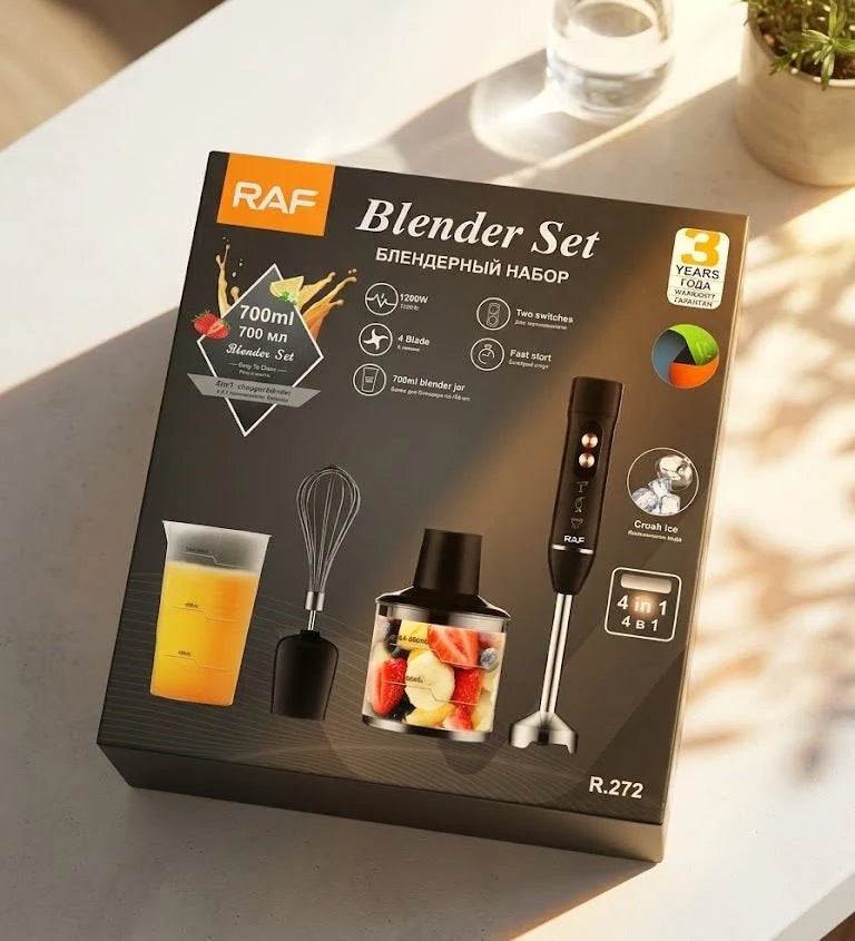 My Store 5 RAF 4-in-1 hand blender set with 1200W, includes blender, chopper, whisk, and ice crushing attachments.