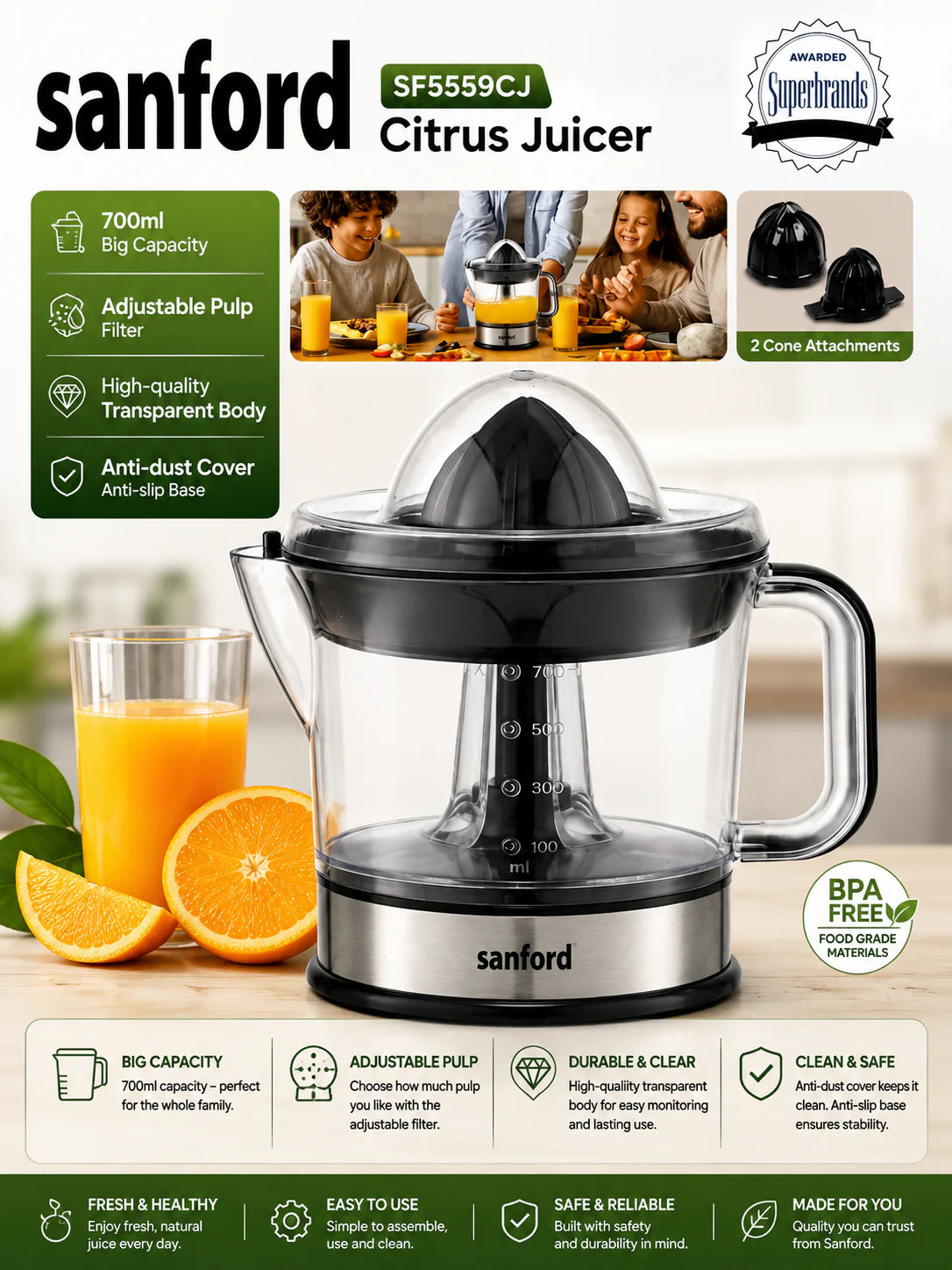 Sanford adjustable pulp citrus juicer from My Store 5 with anti-slip base and dust cover, suitable for home kitchen juice extraction.