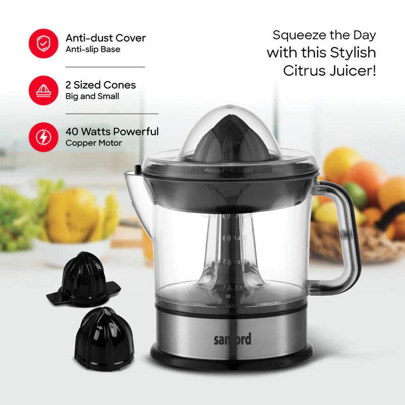 Sanford adjustable pulp citrus juicer from My Store 5 with anti-slip base and dust cover, ideal for fresh juice extraction at home.
