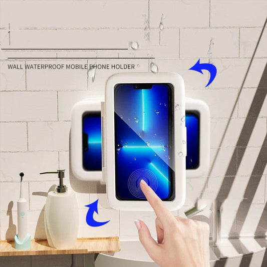 Wall-mounted waterproof phone holder with a smartphone on a tiled bathroom wall.