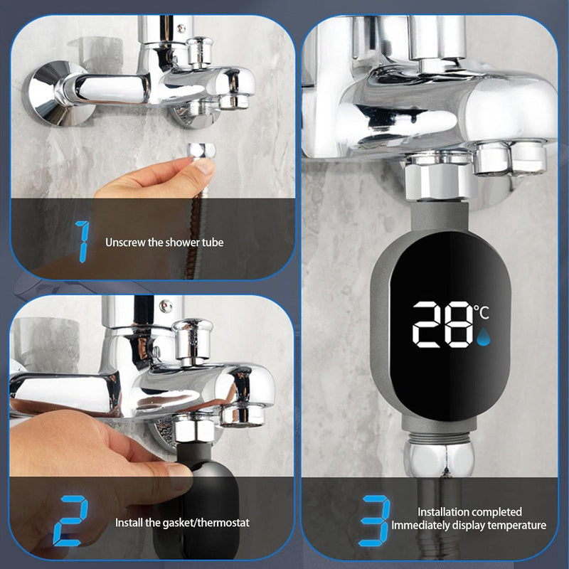 Step by step graphic tutorial showing how to install a battery-free inline shower thermometer to a bathroom faucet