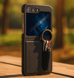 Smart Ring Wallet Case for Samsung Flip 6, 5 in black, featuring a built-in ring holder and card slots for flip phone protection.