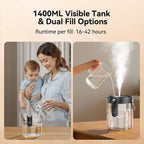 Dual fill options, showing a woman with a baby and a person filling a device.
