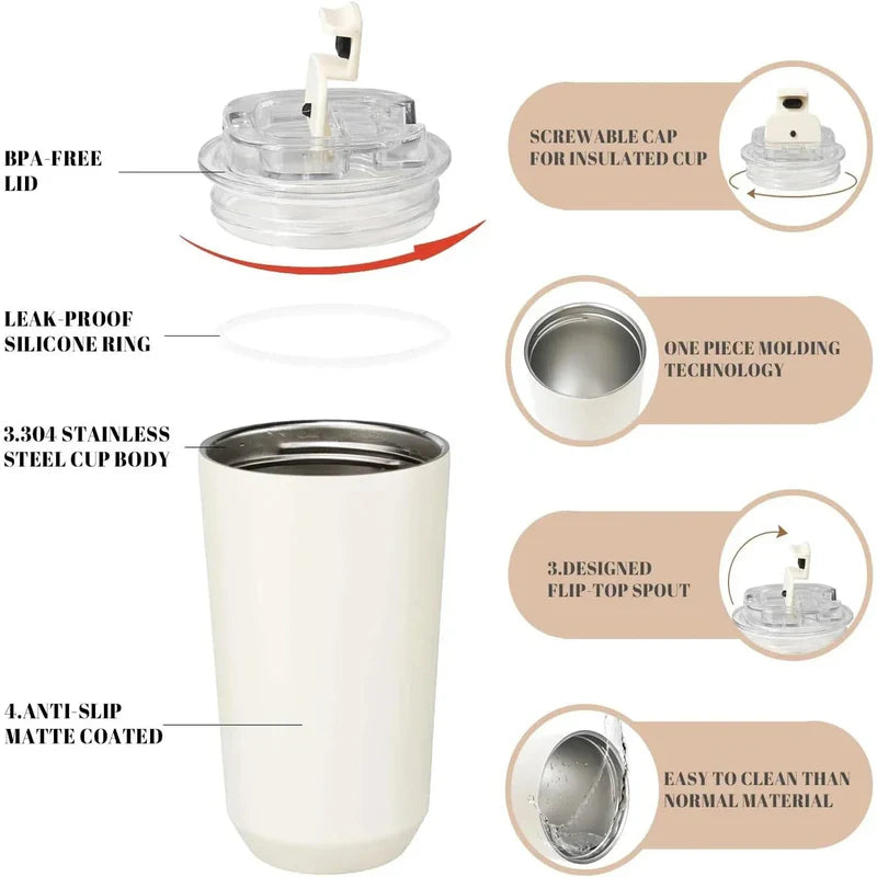 White insulated tumbler with features highlighted on a white background