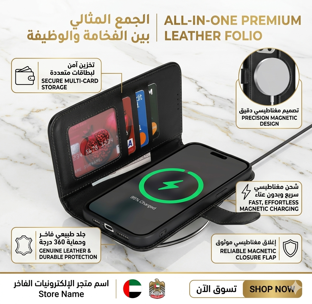 Premium Black and Brown Leather Wallet Wireless Power Bank with Arabic Language Feature, Explaining in the UAE for under 199.99 AED, charging a smartphone magnetically on an executive office desk.