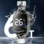 Durable and waterproof inline digital water temperature meter surrounded by active water splashes