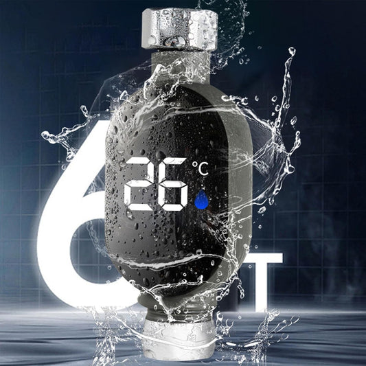 Durable and waterproof inline digital water temperature meter surrounded by active water splashes
