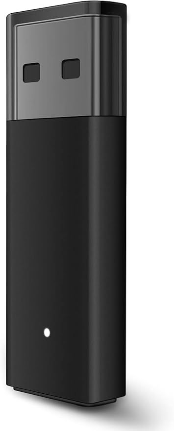 Black USB drive with two small windows on a white background