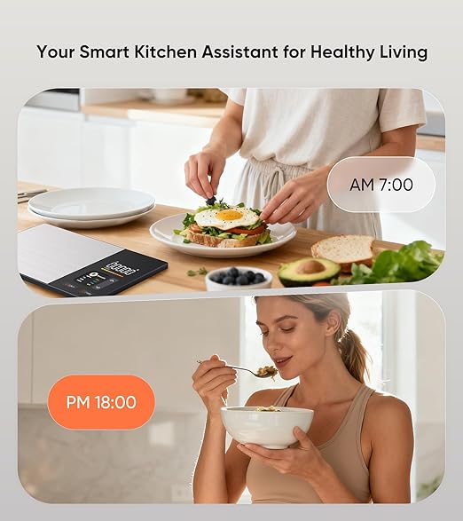 Fitness enthusiast using a digital macro tracking scale for morning and evening meal preparation