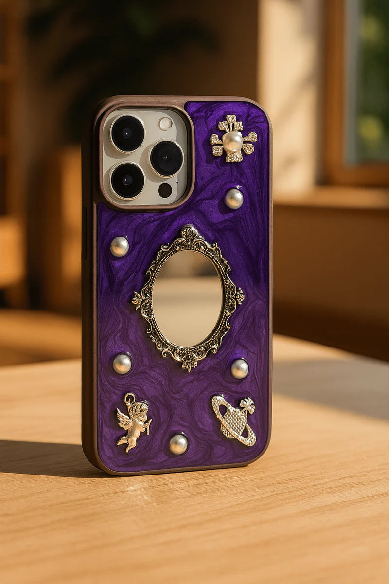 Purple luxury retro mirror iPhone case with reflective surface and elegant design, compatible with iPhone models.