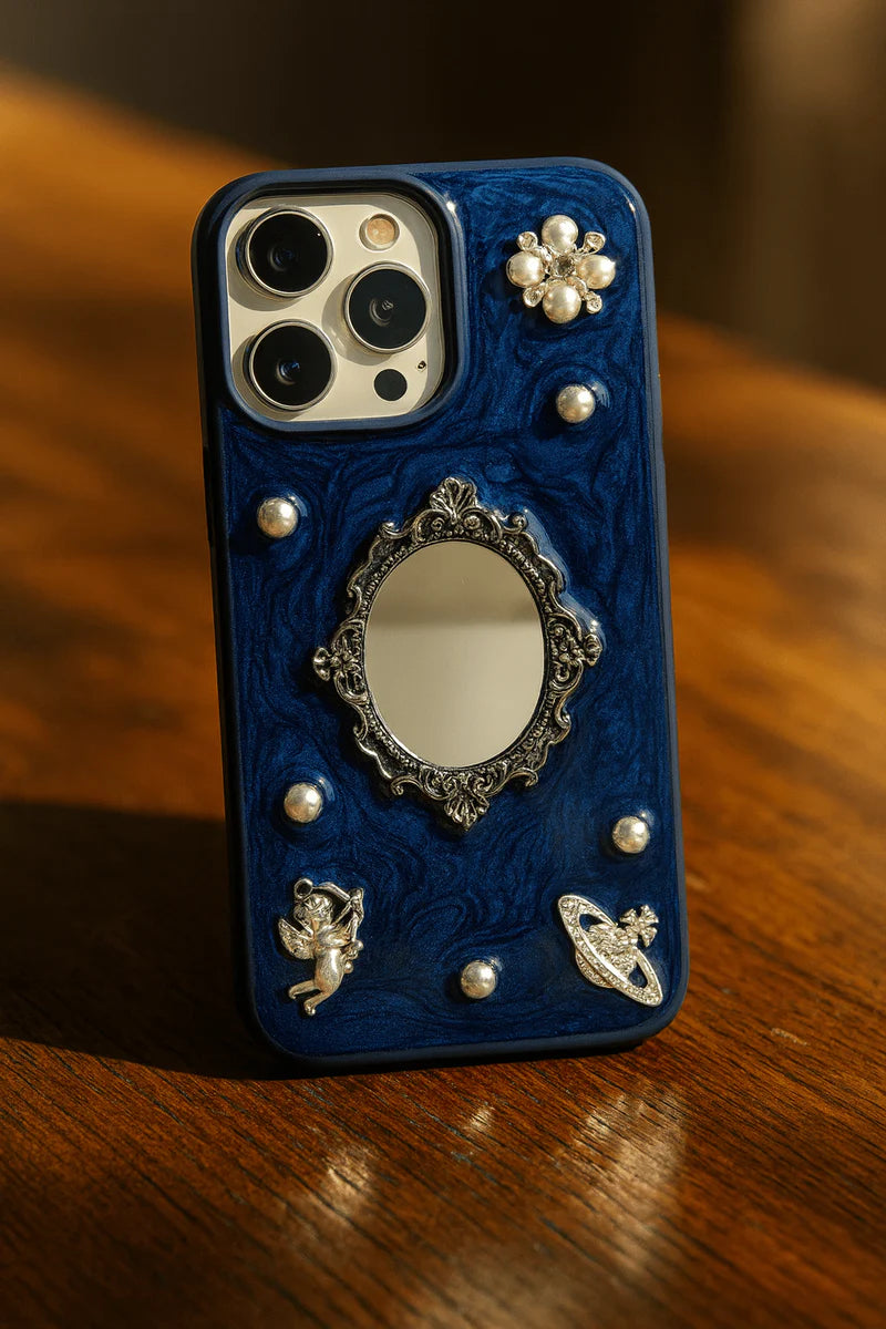 Blue luxury retro mirror iPhone case with reflective surface and vintage-inspired design from My Store 5.