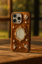 Woden Brown luxury retro mirror iPhone case by My Store 5 featuring a stylish vintage design and reflective mirror surface.