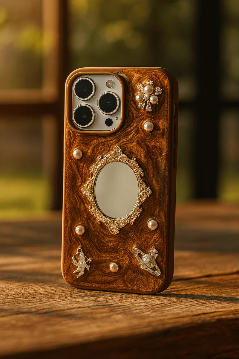 Woden Brown luxury retro mirror iPhone case by My Store 5 featuring a stylish vintage design and reflective mirror surface.