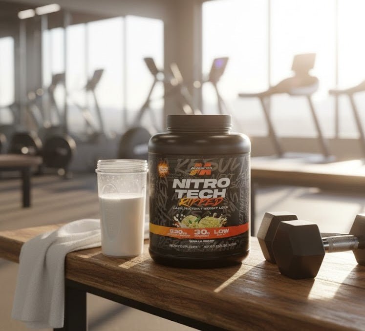 Ripped protein powder tub placed on a wooden gym bench with a protein shaker and dumbbells, set in a bright, modern fitness center.