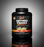 Studio product shot of a black container of Muscle Tech Nitro-Tech Ripped whey protein isolate and weight loss supplement, set against a dark reflective background.