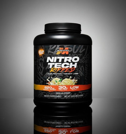Studio product shot of a black container of Muscle Tech Nitro-Tech Ripped whey protein isolate and weight loss supplement, set against a dark reflective background.