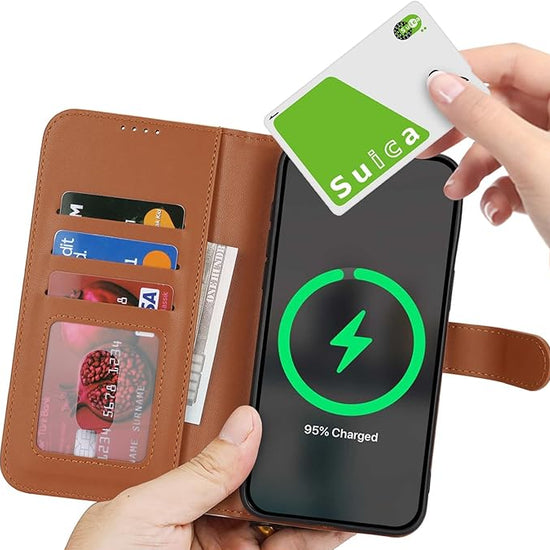 Premium black and brown leather wireless wallet power bank charging a smartphone magnetically on an executive office desk.