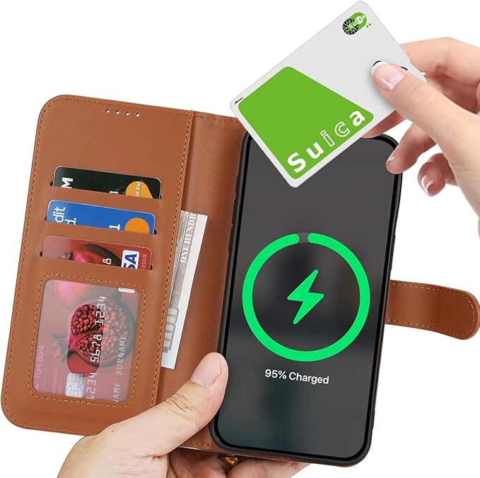 Premium black and brown leather wireless wallet power bank charging a smartphone magnetically on an executive office desk.